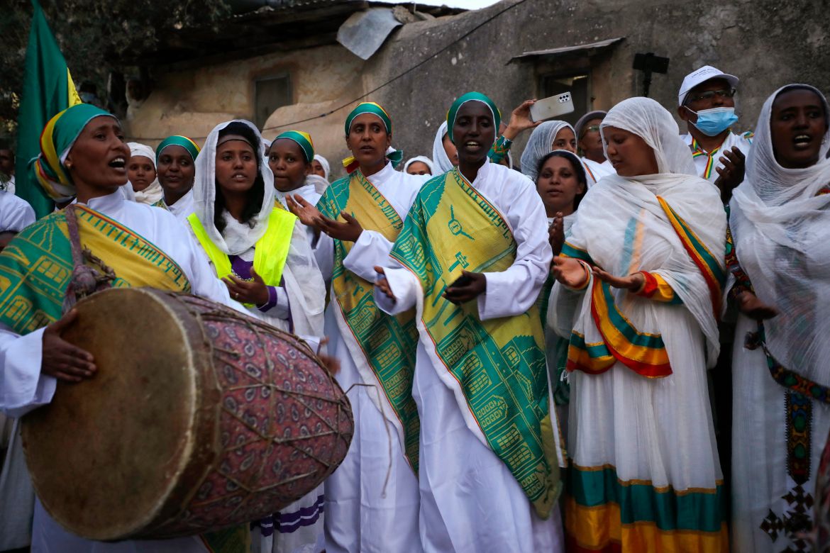 Ethiopian Orthodox Christian pilgrims gather ahead of a ceremony of the "Holy Fire" at the Deir Al-Sultan Monastery on the roof of the Holy Sepulchre Church in Jerusalem's Old City