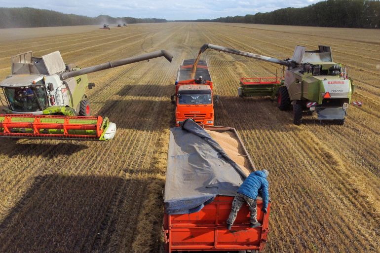 Agricultural workers operate combines and trucks in a field during wheat harvesting near the village of Solyanoye in the Omsk region, Russia September 8, 2022