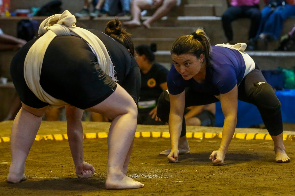 Sumo wrestlers fight during a Brazilian sumo championship bout, a qualifier for the South American championship, in Sao Paulo, Brazil