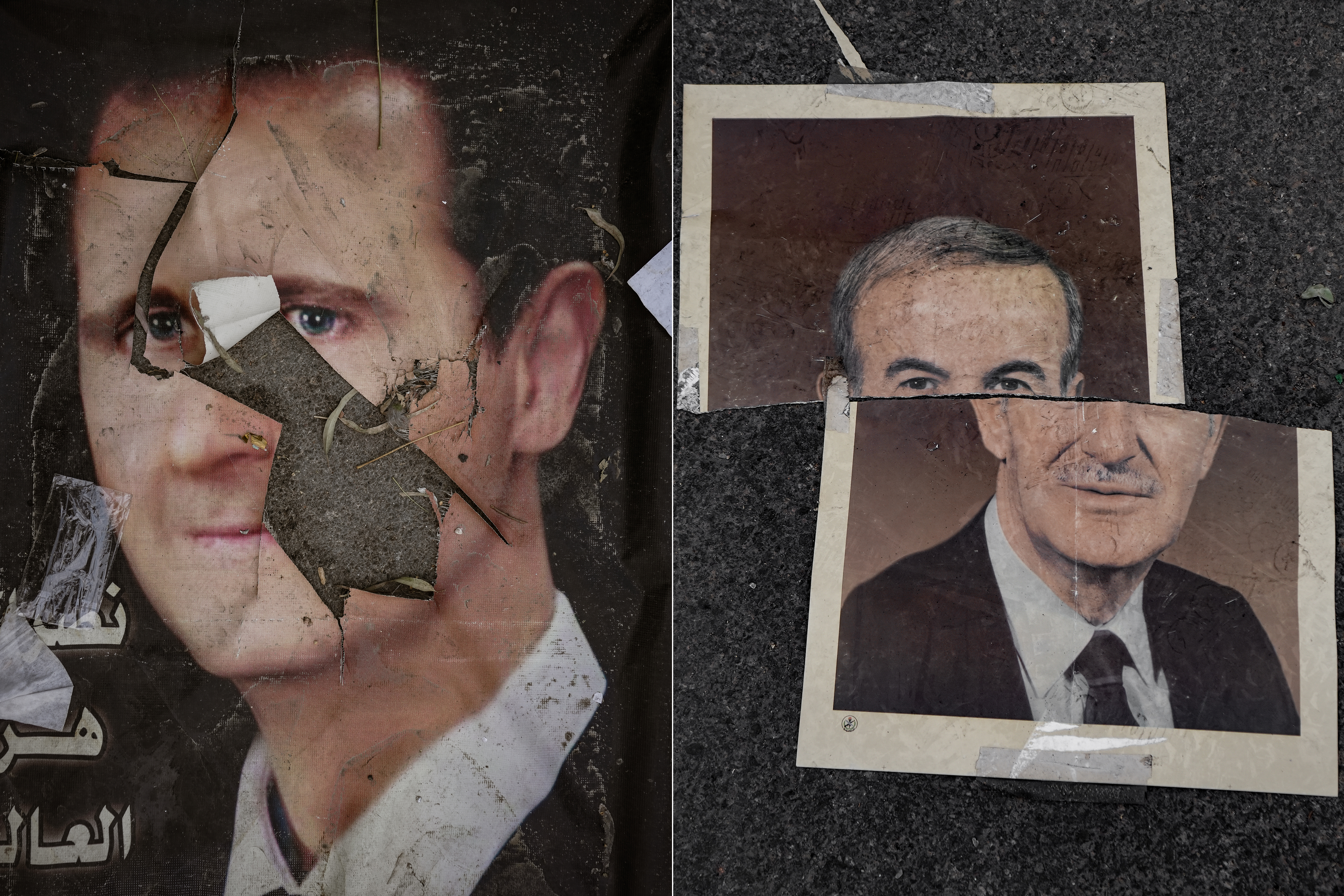Torn photos of toppled President Bashar al-Assad and his father Hafez al-Assad on the floors of a prison.