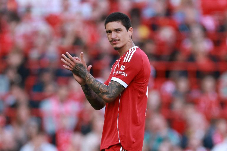 Liverpool's Darwin Nunez applauds fans as he is substituted during the friendly with Athletic Bilbao on Augest 4