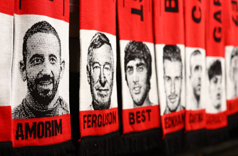Soccer Football - Europa League - Manchester United v Bodo/Glimt - Old Trafford, Manchester, Britain - November 28, 2024 Merchandise for sale featuring Manchester United manager Ruben Amorim and former manager Alex Ferguson outside the stadium before the match REUTERS/Molly Darlington