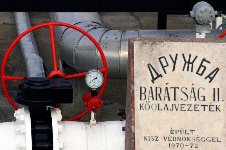 The tap next to the foundation stone of Druzhba oil pipeline at Hungarian oil and gas group MOL's main Duna (Danube) refinery in Szazhalombatta, Hungary [File: Laszlo Balogh/Reuters]